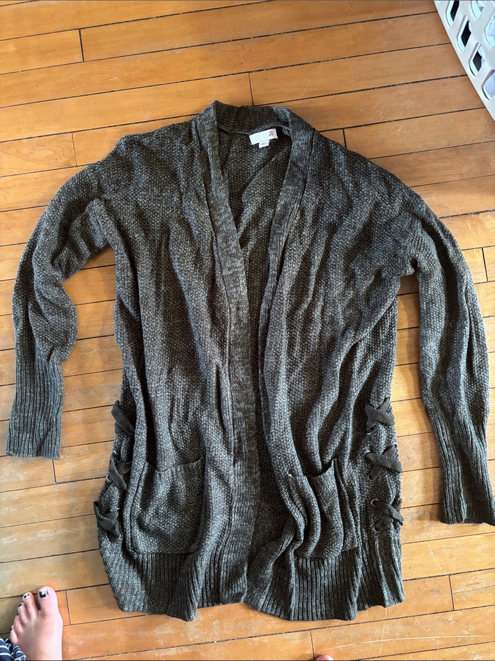 EUC Cozy Open-Front Olive Green Women's Cardigan Cross Ties on Side Sweater
